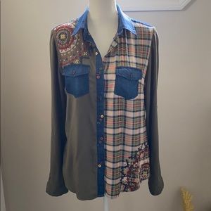Desigual Embroidered Plaid & Denim Button Up Shirt